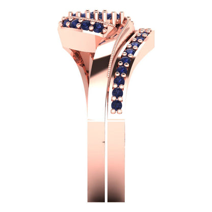 0.4 cttw Round Cut Simulated Blue Sapphire Bridal Set - Solid Rose Gold Engagement Ring & Wedding Band
