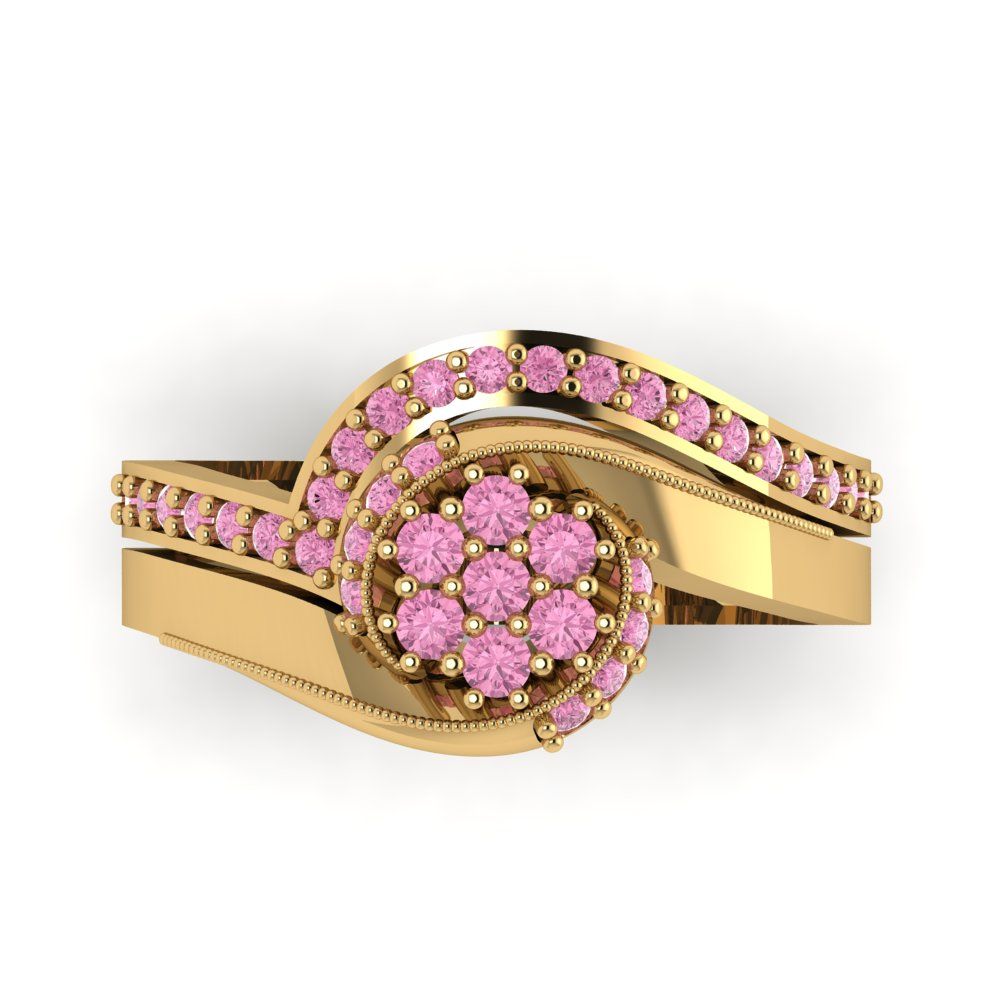 0.4 cttw Round Cut Simulated Pink Diamond Bridal Set - Solid Yellow Gold Engagement Ring & Wedding Band