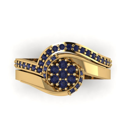 0.4 cttw Round Cut Simulated Blue Sapphire Bridal Set - Solid Yellow Gold Engagement Ring & Wedding Band