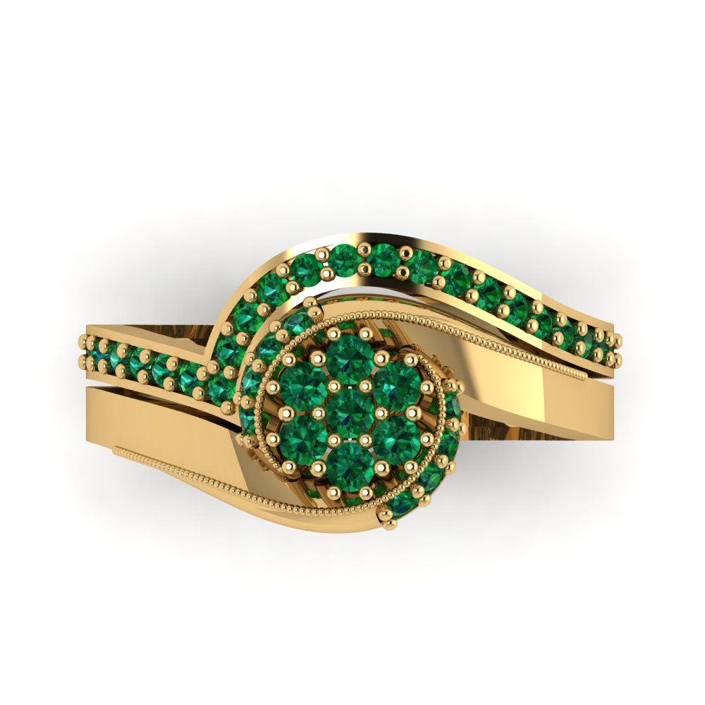 0.4 cttw Round Cut Simulated Emerald Bridal Set - Solid Yellow Gold Engagement Ring & Wedding Band