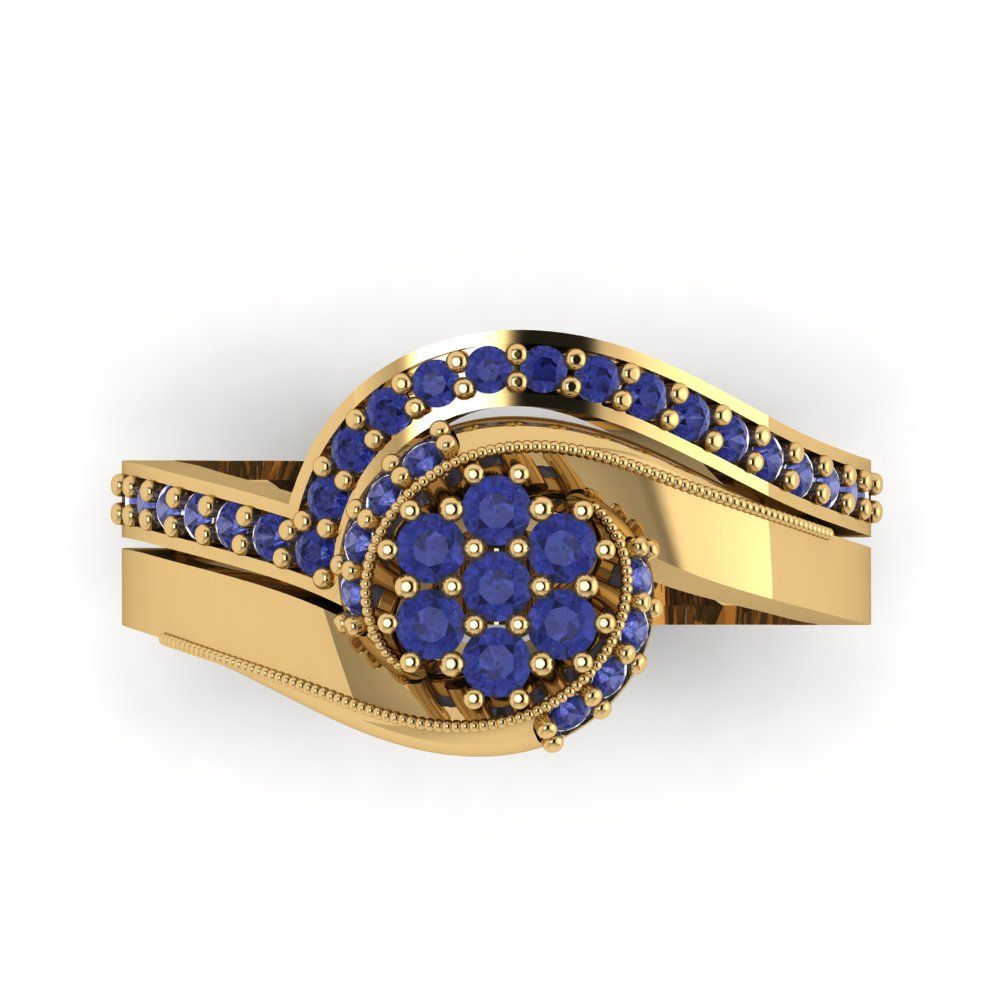 0.4 cttw Round Cut Simulated Tanzanite Bridal Set - Solid Yellow Gold Engagement Ring & Wedding Band