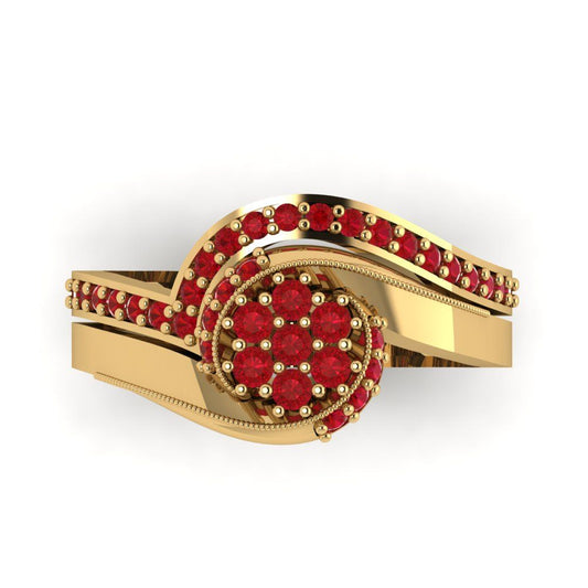 0.4 cttw Round Cut Simulated Ruby Bridal Set - Solid Yellow Gold Engagement Ring & Wedding Band