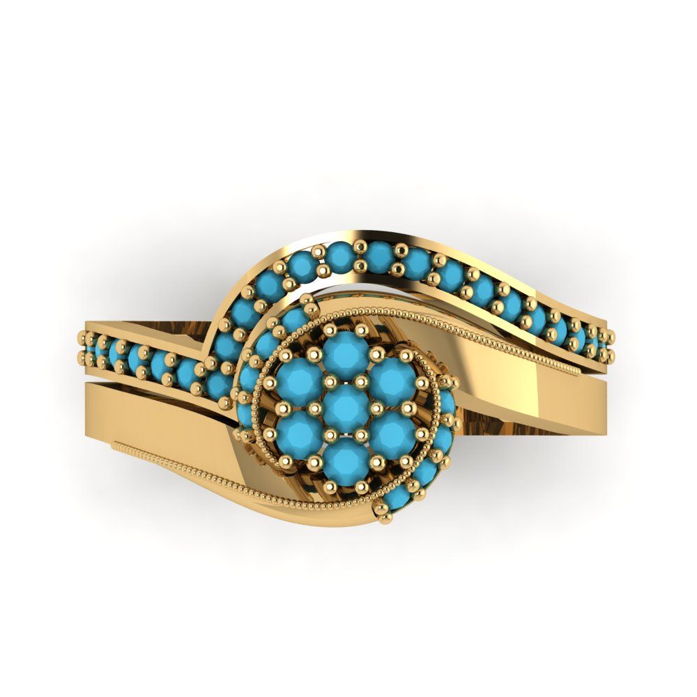0.4 cttw Round Cut Simulated Turquoise Bridal Set - Solid Yellow Gold Engagement Ring & Wedding Band