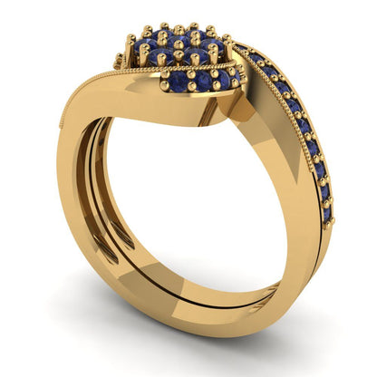 0.4 cttw Round Cut Simulated Blue Sapphire Bridal Set - Solid Yellow Gold Engagement Ring & Wedding Band