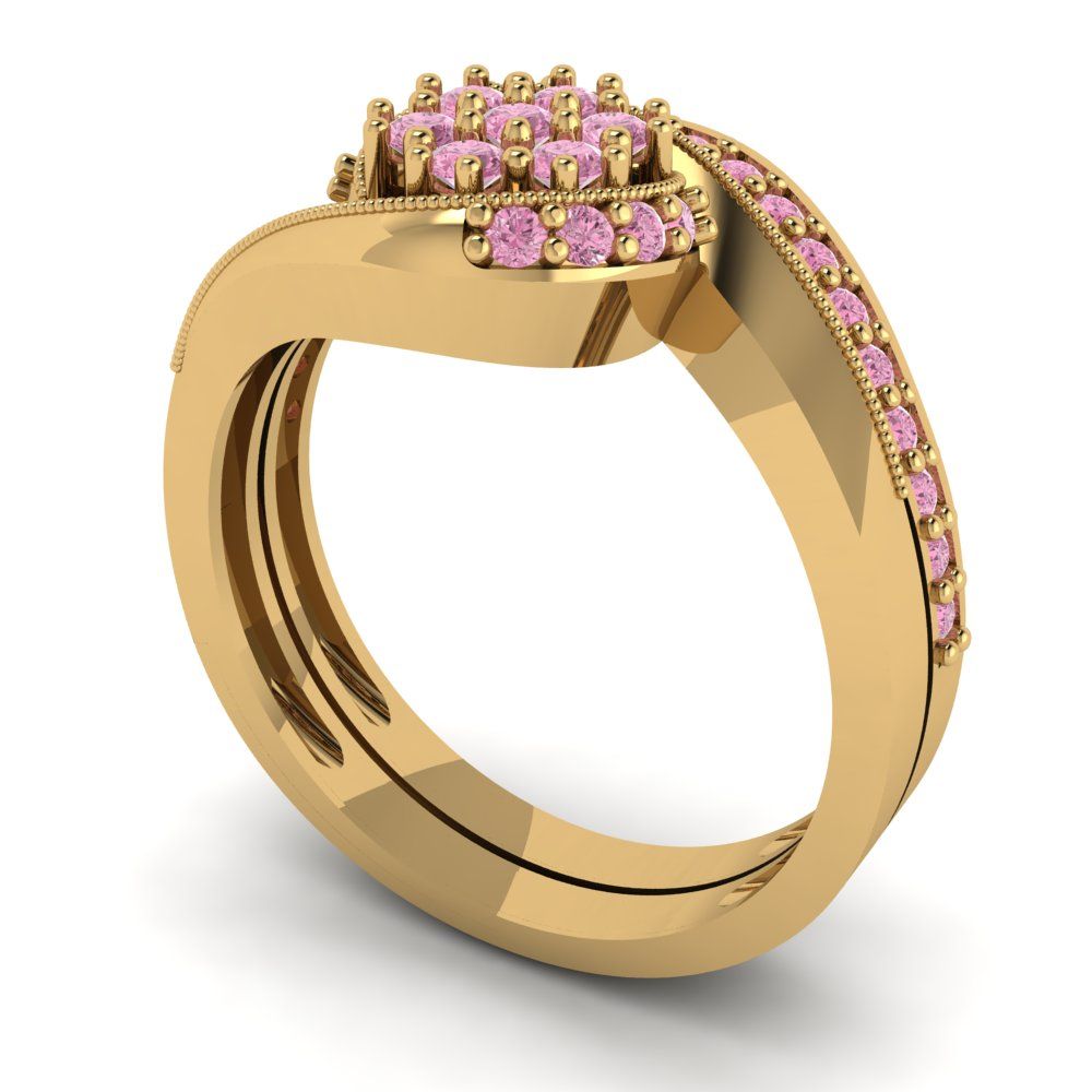 0.4 cttw Round Cut Simulated Pink Diamond Bridal Set - Solid Yellow Gold Engagement Ring & Wedding Band