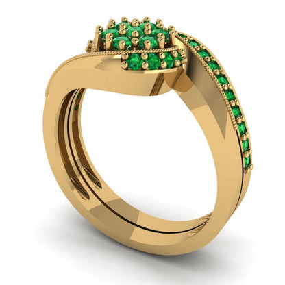 0.4 cttw Round Cut Simulated Emerald Bridal Set - Solid Yellow Gold Engagement Ring & Wedding Band
