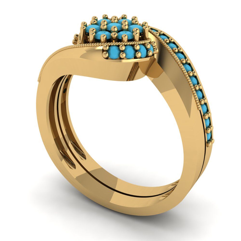 0.4 cttw Round Cut Simulated Turquoise Bridal Set - Solid Yellow Gold Engagement Ring & Wedding Band