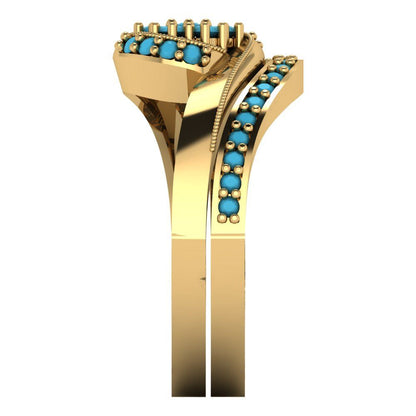 0.4 cttw Round Cut Simulated Turquoise Bridal Set - Solid Yellow Gold Engagement Ring & Wedding Band