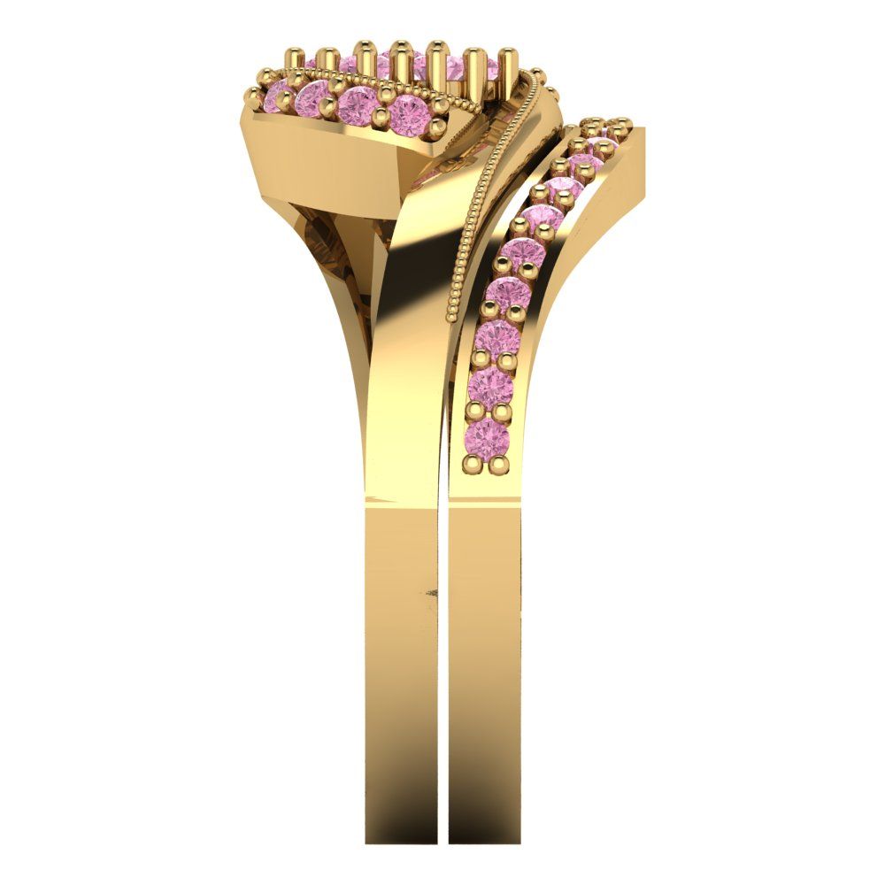 0.4 cttw Round Cut Simulated Pink Diamond Bridal Set - Solid Yellow Gold Engagement Ring & Wedding Band