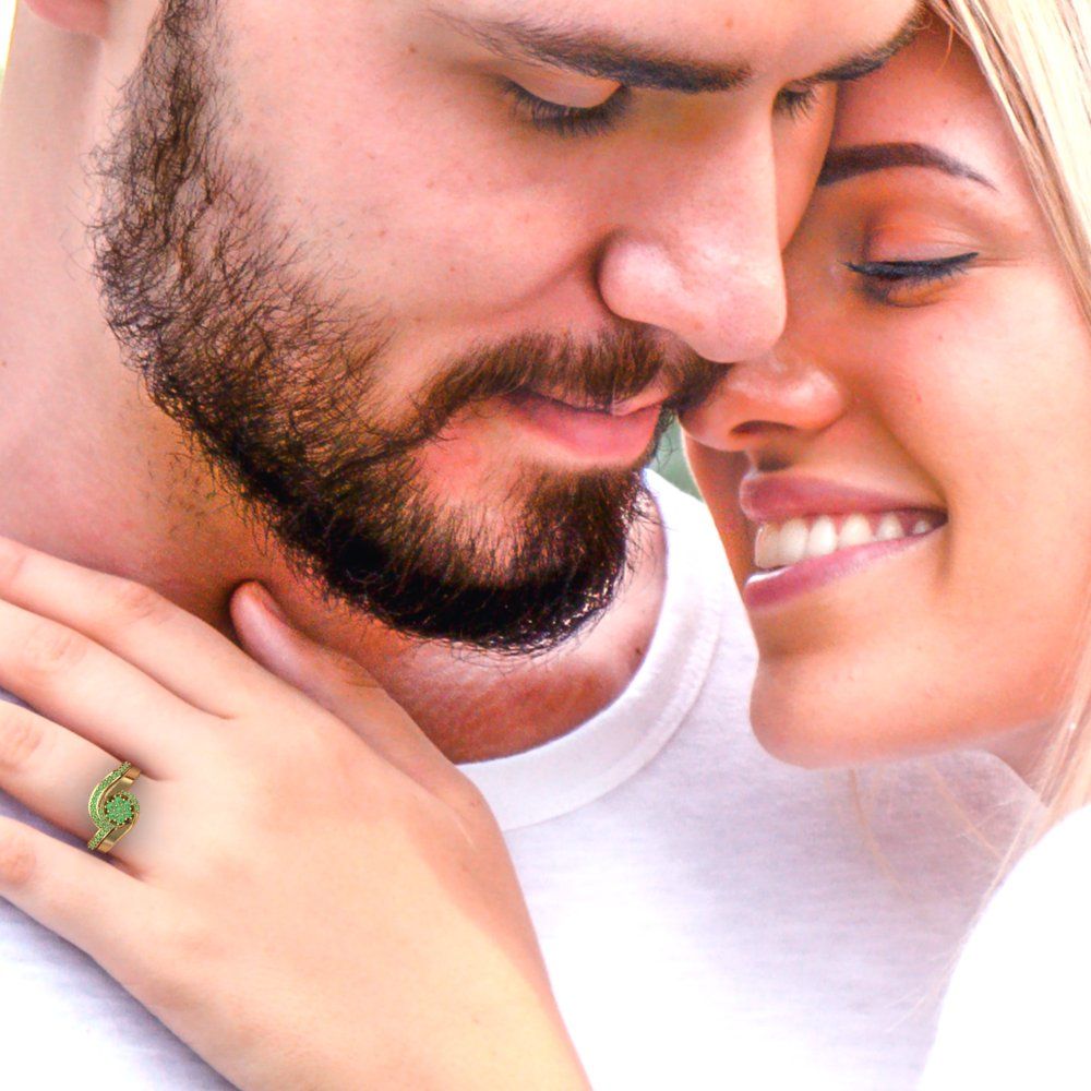 0.4 cttw Round Cut Simulated Green Diamond Bridal Set - Solid Yellow Gold Engagement Ring & Wedding Band