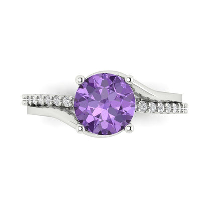 1.71 cttw Simulated Alexandrite Solitaire with Zirconia Simulated Diamond Accents Engagement Ring - Solid White Gold (VVS1, Round Cut,7.5mm)