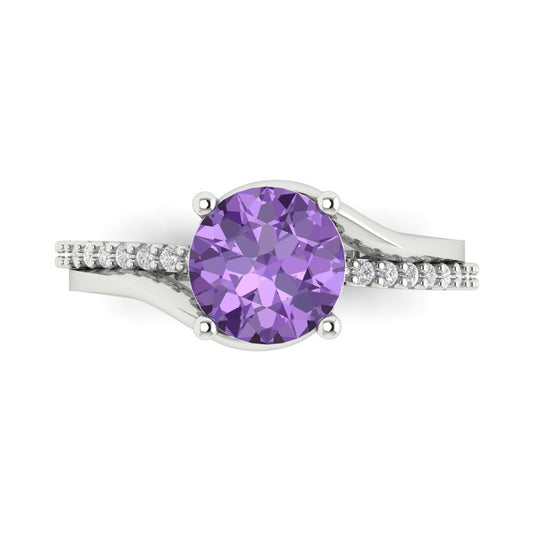 1.71 cttw Simulated Alexandrite Solitaire with Zirconia Simulated Diamond Accents Engagement Ring - Solid White Gold (VVS1, Round Cut,7.5mm)