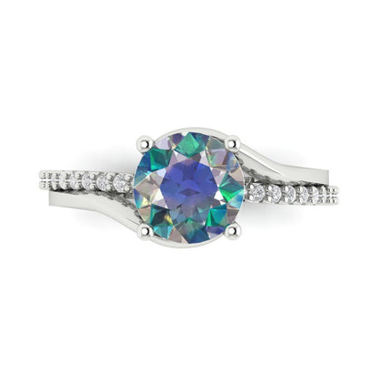 1.71 cttw Blue Moissanite Solitaire with Zirconia Simulated Diamond Accents Engagement Ring - Solid White Gold (VVS1, Round Cut,7.5mm)