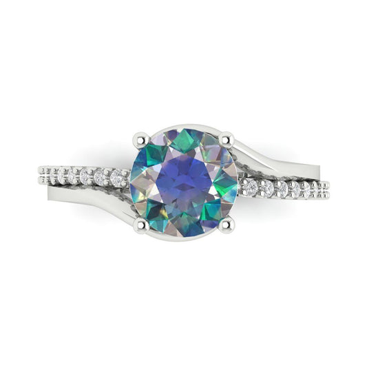 1.71 cttw Blue Moissanite Solitaire with Zirconia Simulated Diamond Accents Engagement Ring - Solid White Gold (VVS1, Round Cut,7.5mm)