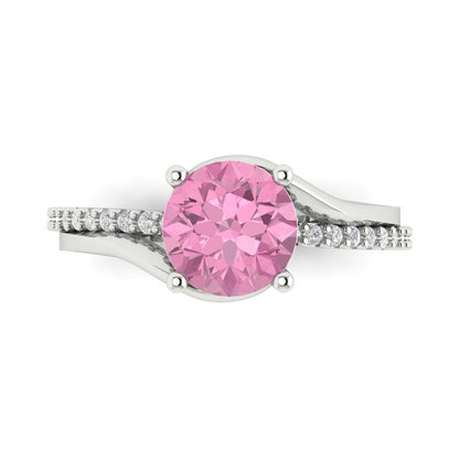 1.71 cttw Zirconia Simulated Pink Diamond Solitaire with Zirconia Simulated Diamond Accents Engagement Ring - Solid White Gold (VVS1, Round Cut,7.5mm)
