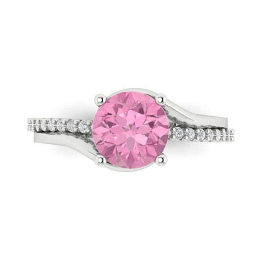 1.71 cttw Zirconia Simulated Pink Diamond Solitaire with Zirconia Simulated Diamond Accents Engagement Ring - Solid White Gold (VVS1, Round Cut,7.5mm)