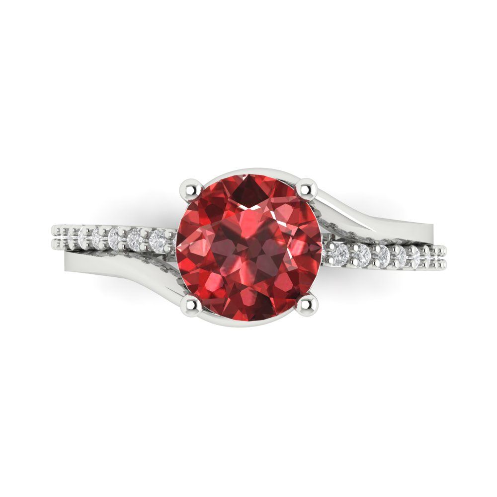 1.71 cttw Natural Garnet Solitaire with Zirconia Simulated Diamond Accents Engagement Ring - Solid White Gold (VVS1, Round Cut,7.5mm)