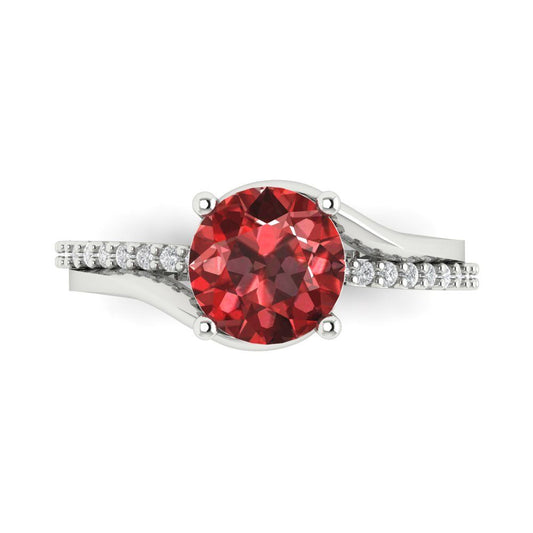 1.71 cttw Natural Garnet Solitaire with Zirconia Simulated Diamond Accents Engagement Ring - Solid White Gold (VVS1, Round Cut,7.5mm)