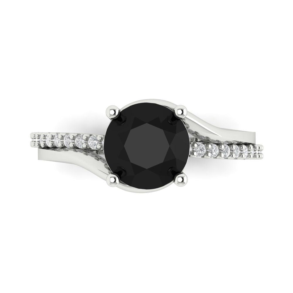 1.71 cttw Natural Onyx Solitaire with Zirconia Simulated Diamond Accents Engagement Ring - Solid White Gold (VVS1, Round Cut,7.5mm)
