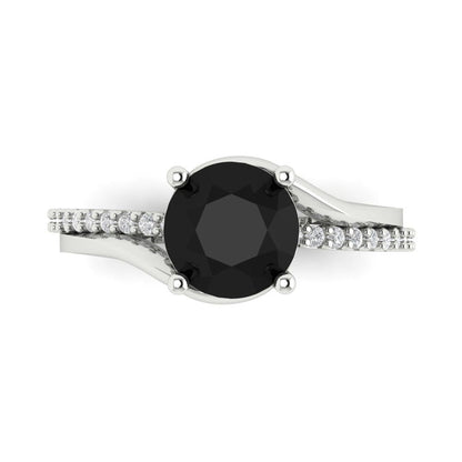 1.71 cttw Natural Onyx Solitaire with Zirconia Simulated Diamond Accents Engagement Ring - Solid White Gold (VVS1, Round Cut,7.5mm)