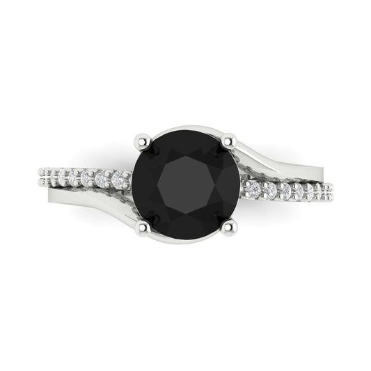 1.71 cttw Natural Onyx Solitaire with Zirconia Simulated Diamond Accents Engagement Ring - Solid White Gold (VVS1, Round Cut,7.5mm)