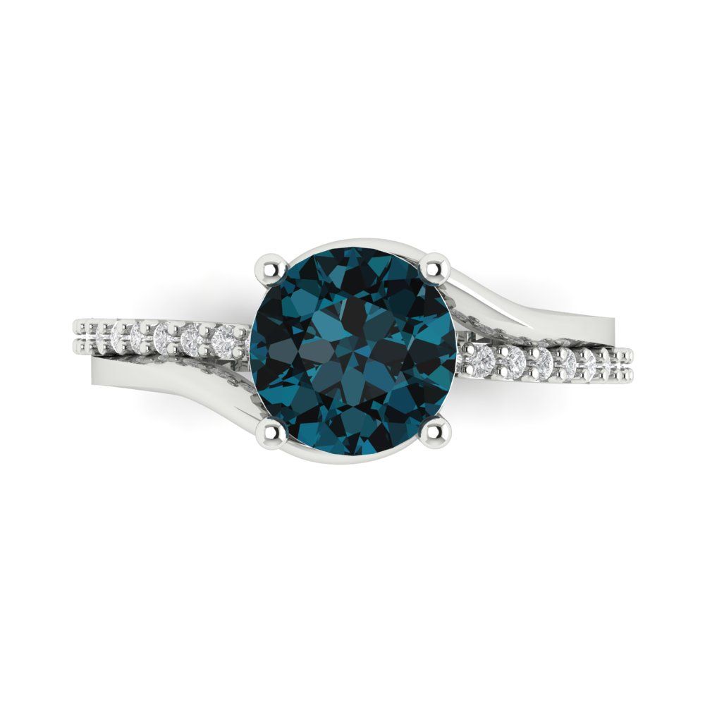 1.71 cttw Natural London Blue Topaz Solitaire with Zirconia Simulated Diamond Accents Engagement Ring - Solid White Gold (VVS1, Round Cut,7.5mm)