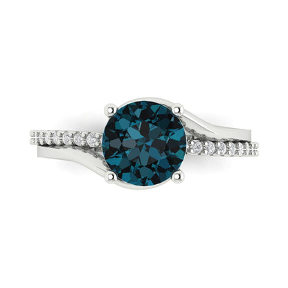 1.71 cttw Natural London Blue Topaz Solitaire with Zirconia Simulated Diamond Accents Engagement Ring - Solid White Gold (VVS1, Round Cut,7.5mm)
