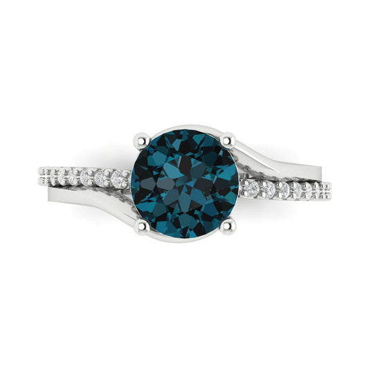 1.71 cttw Natural London Blue Topaz Solitaire with Zirconia Simulated Diamond Accents Engagement Ring - Solid White Gold (VVS1, Round Cut,7.5mm)