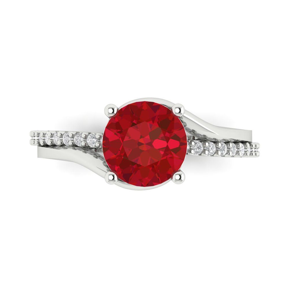 1.71 cttw Simulated Ruby Solitaire with Zirconia Simulated Diamond Accents Engagement Ring - Solid White Gold (VVS1, Round Cut,7.5mm)