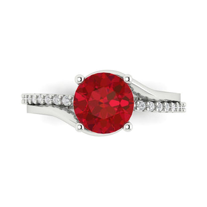 1.71 cttw Simulated Ruby Solitaire with Zirconia Simulated Diamond Accents Engagement Ring - Solid White Gold (VVS1, Round Cut,7.5mm)