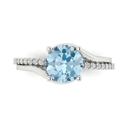 1.71 cttw Natural Swiss Blue Topaz Solitaire with Zirconia Simulated Diamond Accents Engagement Ring - Solid White Gold (VVS1, Round Cut,7.5mm)