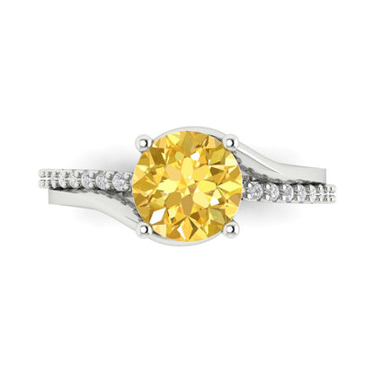 1.71 cttw Natural Citrine Solitaire with Zirconia Simulated Diamond Accents Engagement Ring - Solid White Gold (VVS1, Round Cut,7.5mm)