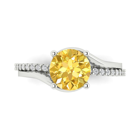 1.71 cttw Natural Citrine Solitaire with Zirconia Simulated Diamond Accents Engagement Ring - Solid White Gold (VVS1, Round Cut,7.5mm)
