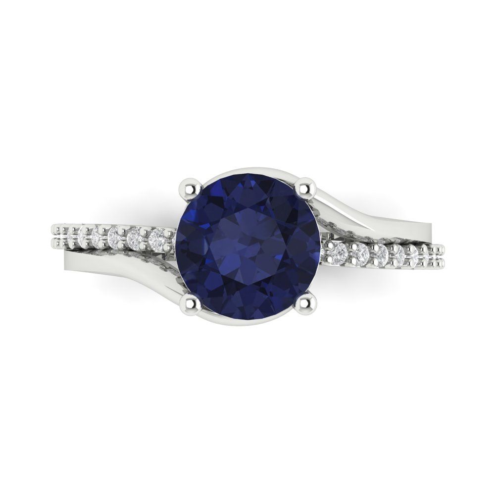 1.71 cttw Simulated Blue Sapphire Solitaire with Zirconia Simulated Diamond Accents Engagement Ring - Solid White Gold (VVS1, Round Cut,7.5mm)