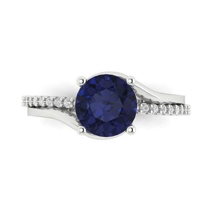 1.71 cttw Simulated Blue Sapphire Solitaire with Zirconia Simulated Diamond Accents Engagement Ring - Solid White Gold (VVS1, Round Cut,7.5mm)