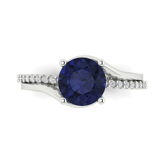 1.71 cttw Simulated Blue Sapphire Solitaire with Zirconia Simulated Diamond Accents Engagement Ring - Solid White Gold (VVS1, Round Cut,7.5mm)