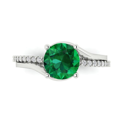 1.71 cttw Simulated Emerald Solitaire with Zirconia Simulated Diamond Accents Engagement Ring - Solid White Gold (VVS1, Round Cut,7.5mm)