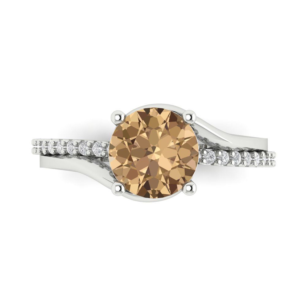 1.71 cttw Zirconia Simulated Champagne Diamond Solitaire with Zirconia Simulated Diamond Accents Engagement Ring - Solid White Gold (VVS1, Round Cut,7.5mm)