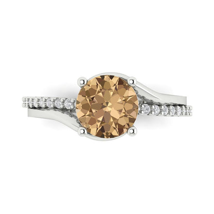 1.71 cttw Zirconia Simulated Champagne Diamond Solitaire with Zirconia Simulated Diamond Accents Engagement Ring - Solid White Gold (VVS1, Round Cut,7.5mm)