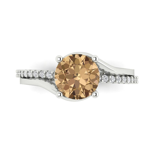 1.71 cttw Zirconia Simulated Champagne Diamond Solitaire with Zirconia Simulated Diamond Accents Engagement Ring - Solid White Gold (VVS1, Round Cut,7.5mm)