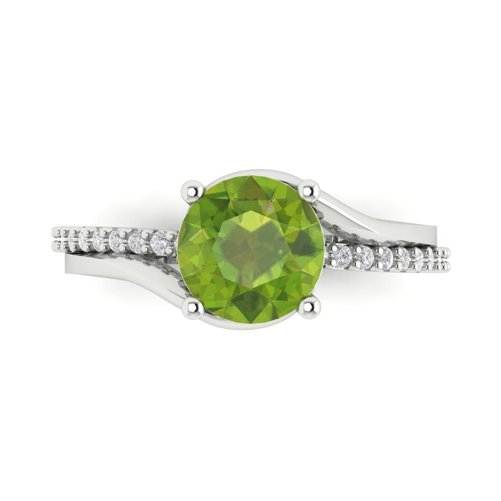 1.71 cttw Natural Peridot Solitaire with Zirconia Simulated Diamond Accents Engagement Ring - Solid White Gold (VVS1, Round Cut,7.5mm)