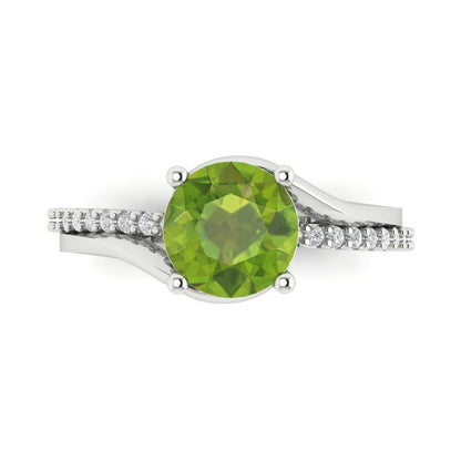1.71 cttw Natural Peridot Solitaire with Zirconia Simulated Diamond Accents Engagement Ring - Solid White Gold (VVS1, Round Cut,7.5mm)
