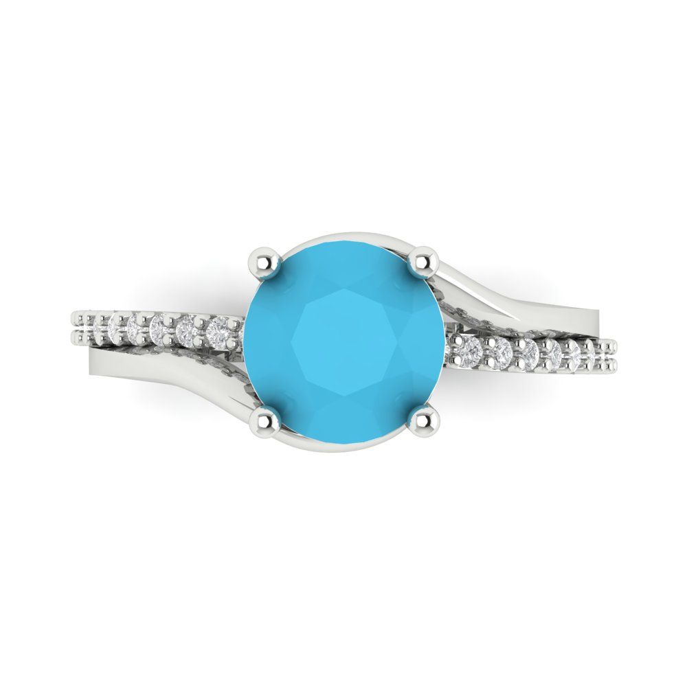 1.71 cttw Simulated Turquoise Solitaire with Zirconia Simulated Diamond Accents Engagement Ring - Solid White Gold (VVS1, Round Cut,7.5mm)