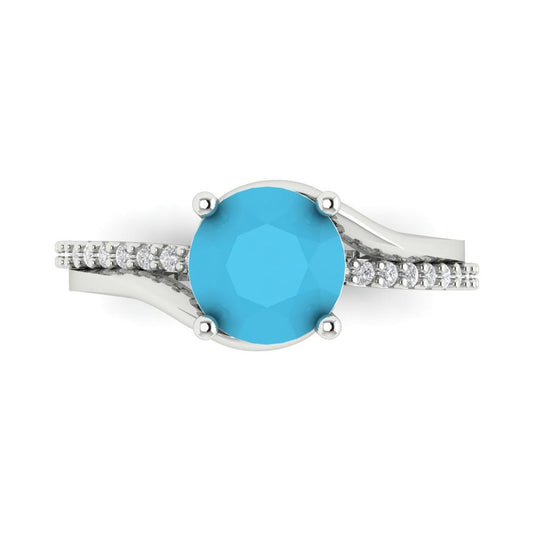 1.71 cttw Simulated Turquoise Solitaire with Zirconia Simulated Diamond Accents Engagement Ring - Solid White Gold (VVS1, Round Cut,7.5mm)