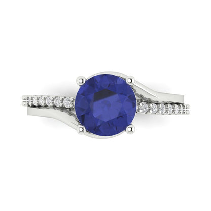1.71 cttw Simulated Tanzanite Solitaire with Zirconia Simulated Diamond Accents Engagement Ring - Solid White Gold (VVS1, Round Cut,7.5mm)