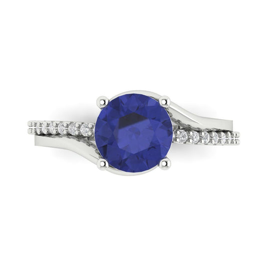 1.71 cttw Simulated Tanzanite Solitaire with Zirconia Simulated Diamond Accents Engagement Ring - Solid White Gold (VVS1, Round Cut,7.5mm)