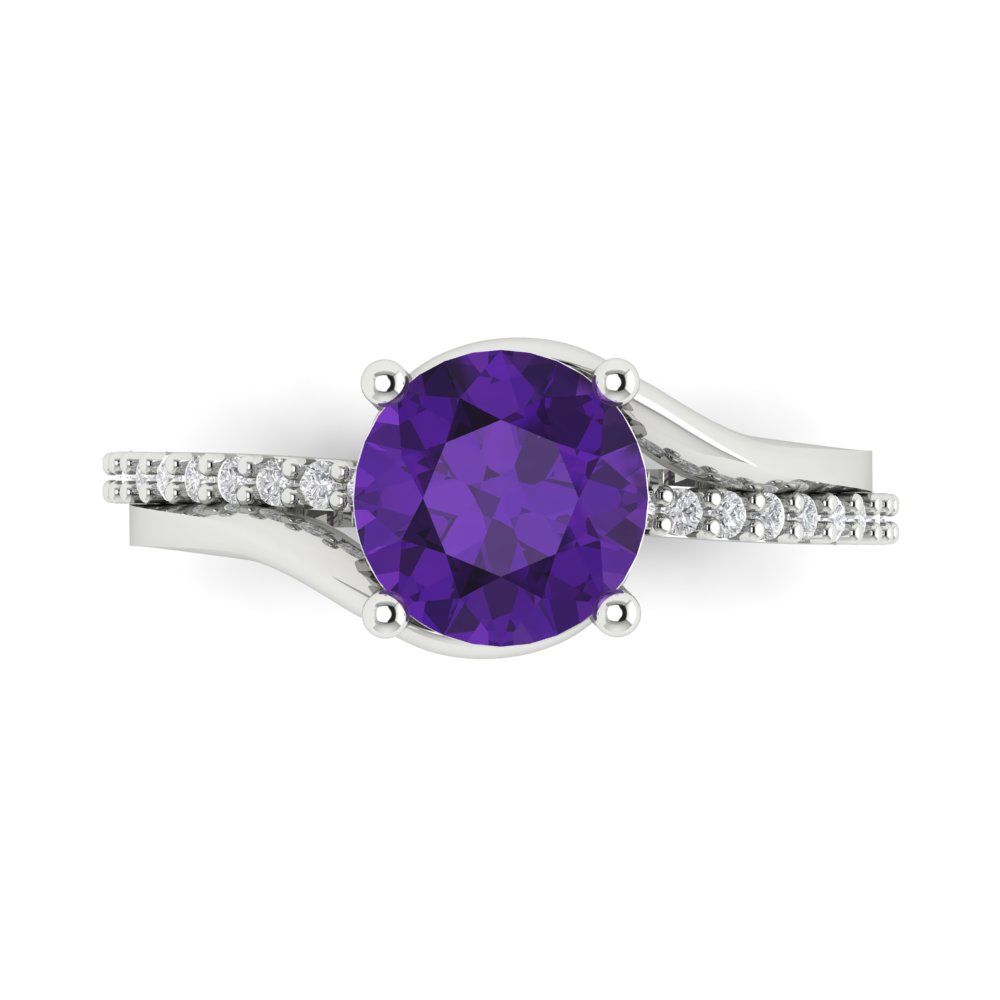 1.71 cttw Natural Amethyst Solitaire with Zirconia Simulated Diamond Accents Engagement Ring - Solid White Gold (VVS1, Round Cut,7.5mm)
