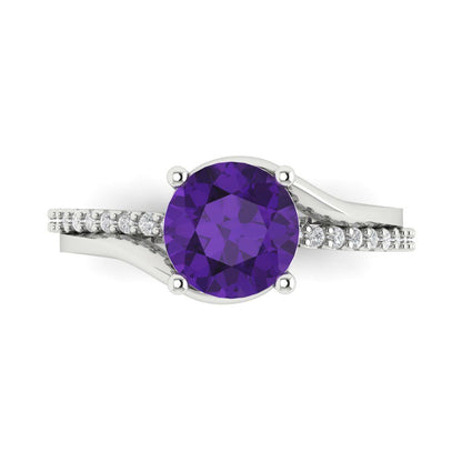 1.71 cttw Natural Amethyst Solitaire with Zirconia Simulated Diamond Accents Engagement Ring - Solid White Gold (VVS1, Round Cut,7.5mm)