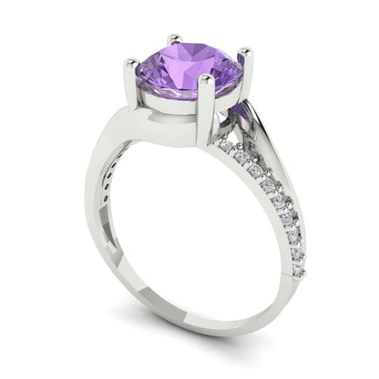 1.71 cttw Simulated Alexandrite Solitaire with Zirconia Simulated Diamond Accents Engagement Ring - Solid White Gold (VVS1, Round Cut,7.5mm)