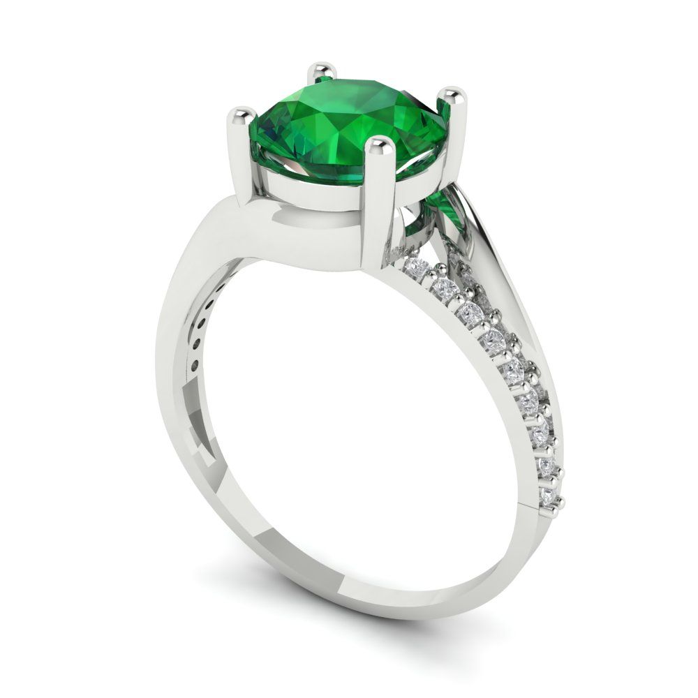 1.71 cttw Simulated Emerald Solitaire with Zirconia Simulated Diamond Accents Engagement Ring - Solid White Gold (VVS1, Round Cut,7.5mm)